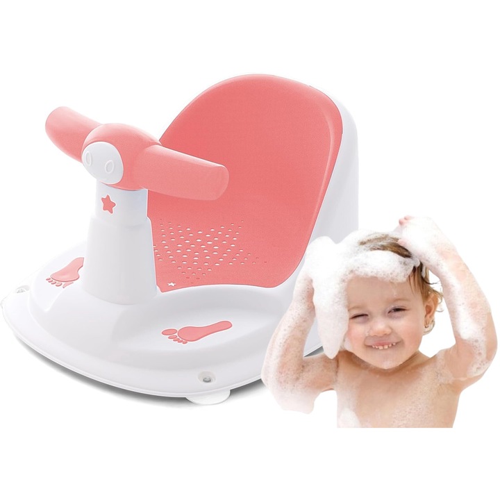 Scaun de Baie pentru Bebelusi, SmartViBE®, Practic, Usor de Folosit, cu Ventuze pentru Fixare, Gauri pentru Scurgerea Apei, Spatar Confortabil, 6 luni+, Baby Pink