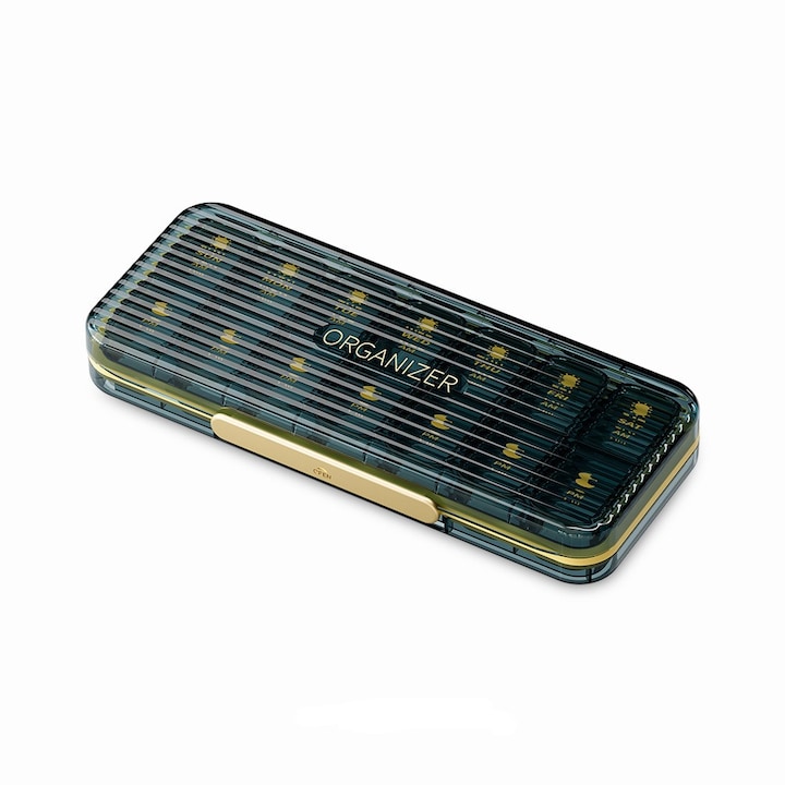 Органайзер за лекарства, 7 дни, 14 отделения за хапчета, Пластмаса, 22x9x3 см, Черен, DARO