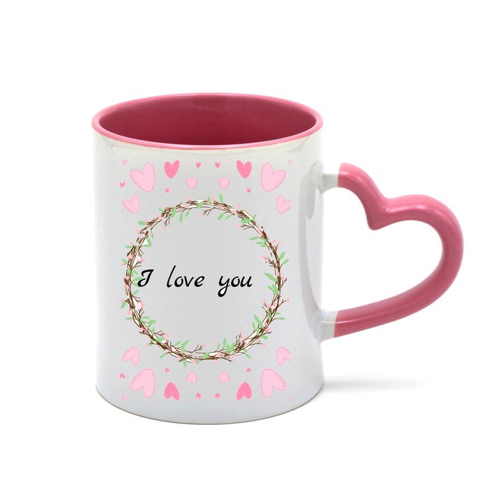 Cana cu interiorul si manerul roz in forma de inima personalizata fata-verso cu Inimi si mesajul "I love you", 300ml