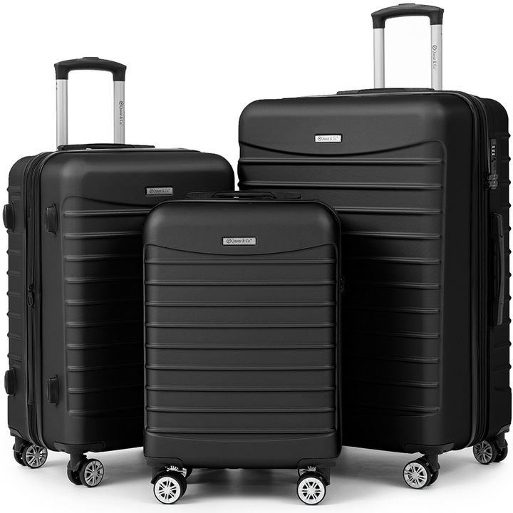 Bőrönd szett utazáshoz, kabinbőrönd S és bővíthető M/L méret, LINE modell Quasar & Co.®, ABS 2.8 mm, lopásgátló cipzár, számzár, teleszkópos fogantyú, 4 dupla csendes kerék 360°, 2 rekesz belső zsebbel, repülős bőrönd, fekete