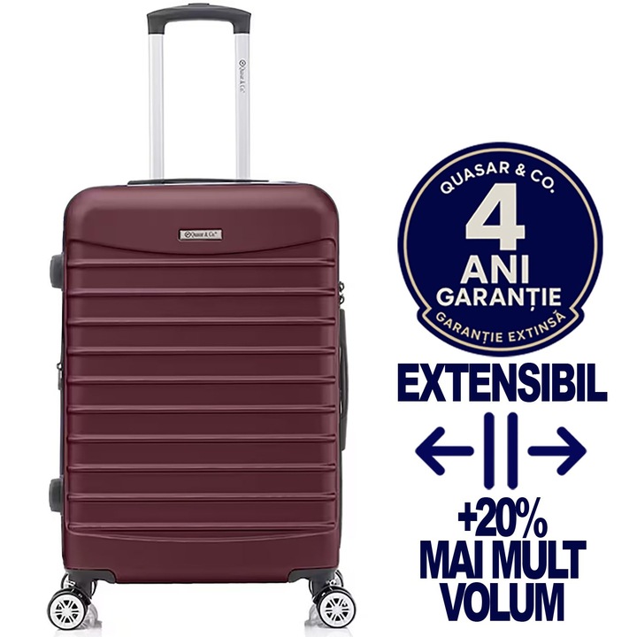 Troler mediu extensibil Quasar & Co.®, 66x41x26-31 cm, bagaj de cala, valiza cu fermoar antifurt, maner telescopic lung, geamantan cu 4 roti duble silentioase 360°, ABS 2.8 mm extradur, captuseala buretata, 2 compartimente cu buzunar, LINE, visiniu
