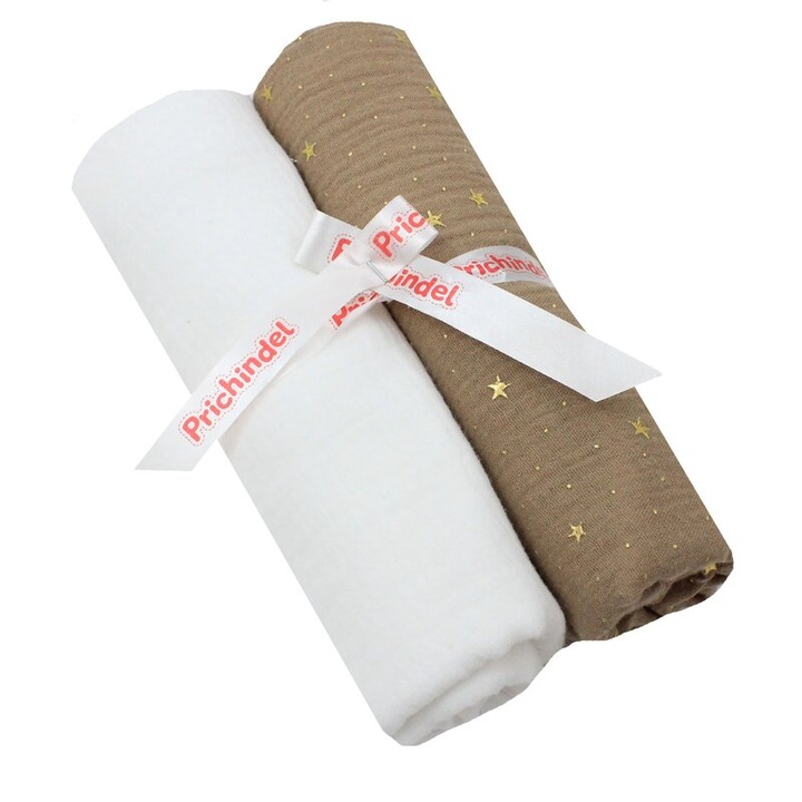 Set 2 scutece, muselina, Metalic stars, bej cu alb, 80 x 67 cm