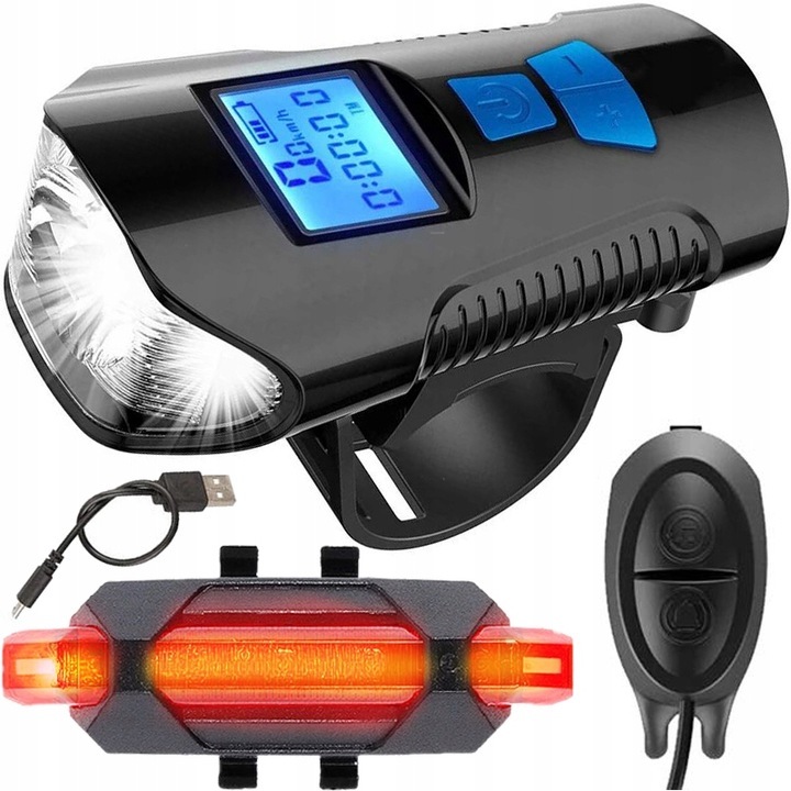 Фар за велосипед с велосипеден компютър Renew Force, Задна светлина, Клаксон с 6 звука, Батерия 1500 mAh, USB зареждане, Показване на скорост, разстояние, Водоустойчив, Черен