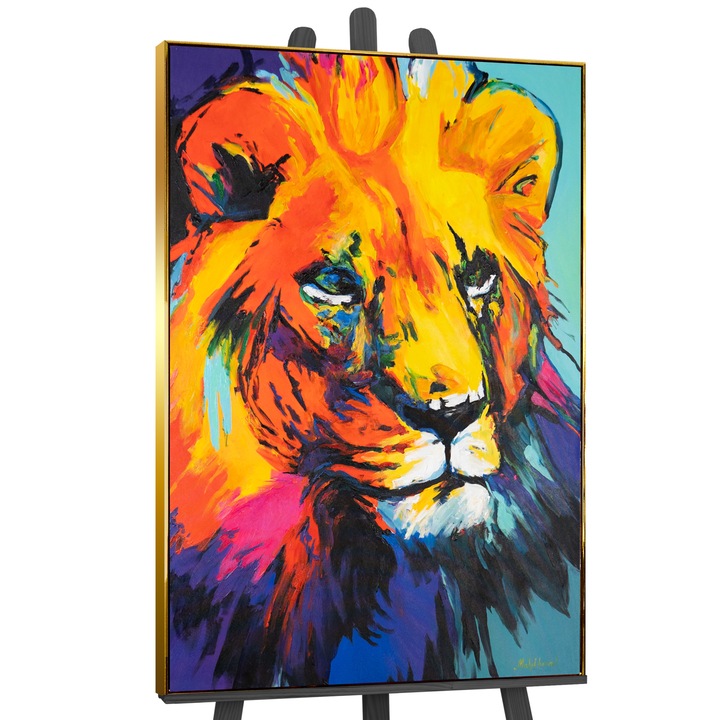 Tablou pictat manual, acrilic pe panza, Gratia leului, cu rama Auriu, abstract, 120x80 cm