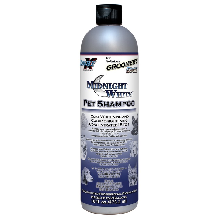 Sampon pentru caini si pisici cu blana alba, Midnight White de la Double K, concentrat, calitate premium, cu aloe vera, pH neutru, 473 ml