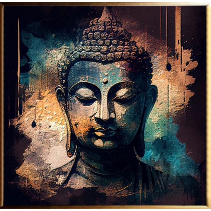Tablou pictat manual ulei pe panza, tehnica texturata, 80x80cm, Perfectiunea, The Buddha, Multicolor