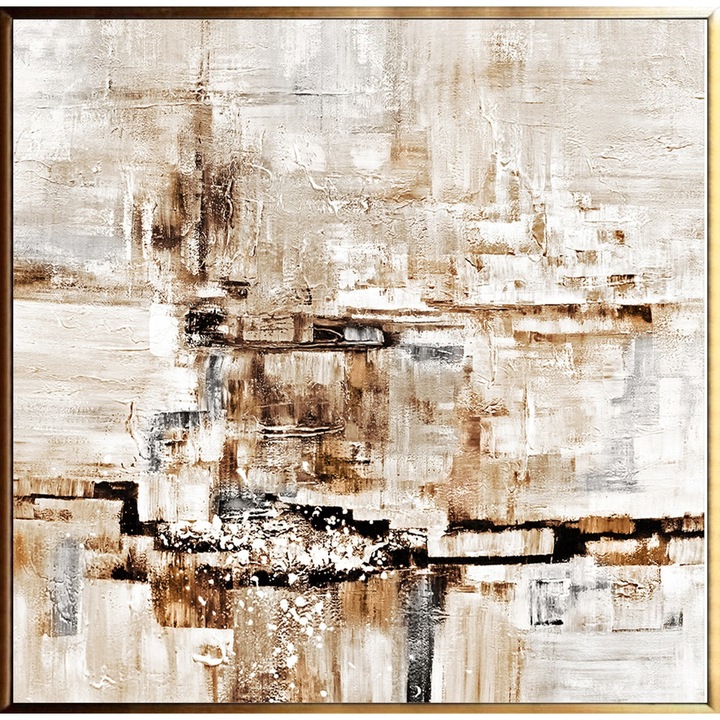 Tablou pictat manual ulei pe panza, tehnica texturata, 80x80cm, Pictura abstracta moderna living, Cafeniu, Caramel, Gri