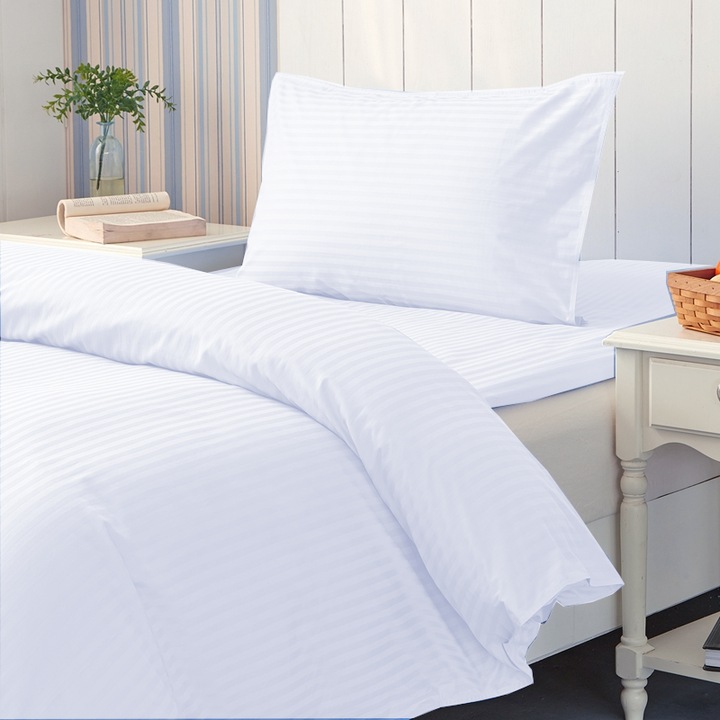 Lenjerie cu elastic la cearsaf pat Damasc Policoton dunga 1 cm, pentru saltea 80x200 cm, cearsaf pilota 140x220 cm, fata perna 50x70 cm Alb