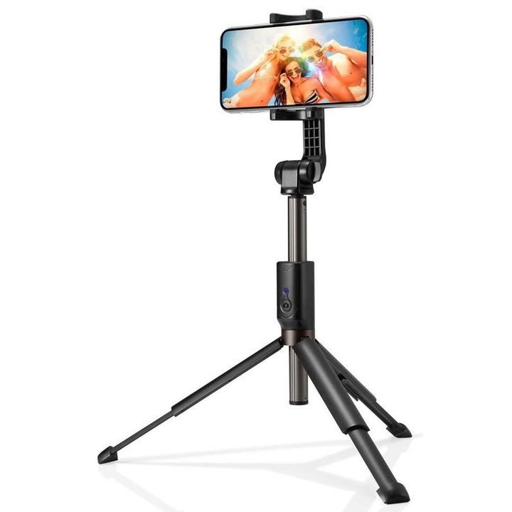 Selfie stick cu tripod, telecomanda, 90cm lungime, conectivitate Bluetooth, 10m distanta, Negru