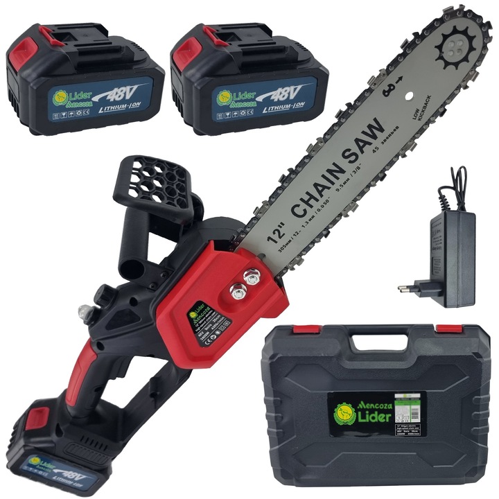 Mencoza™ Lider akkus láncfűrész, 48 V, 6000 mAh, 30 cm-es penge, 2 akkumulátor, egykezes használat, ideális építéshez