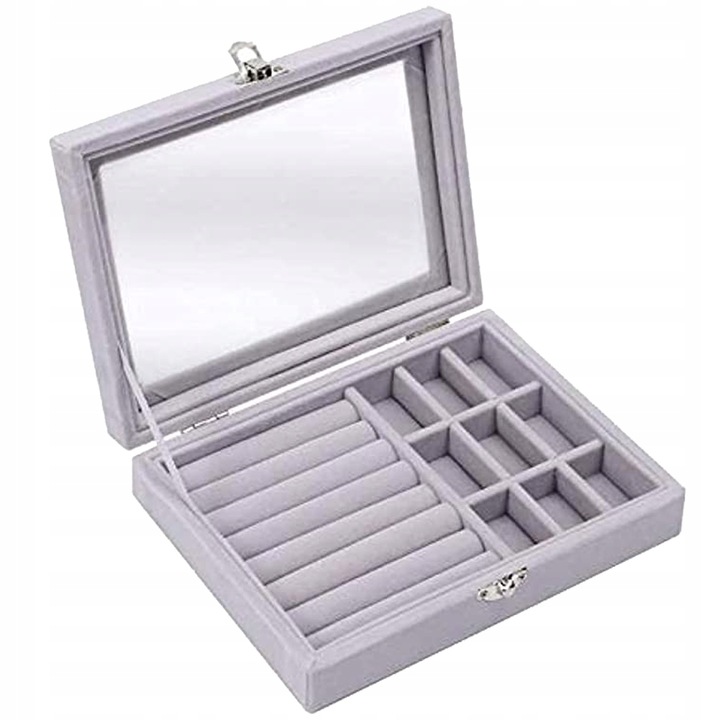 Ékszerdoboz, Zárral, Kellemes tapintású, Kivehető rekeszek, 20 x 15 x 5 cm, Eco-bőr, Szürke