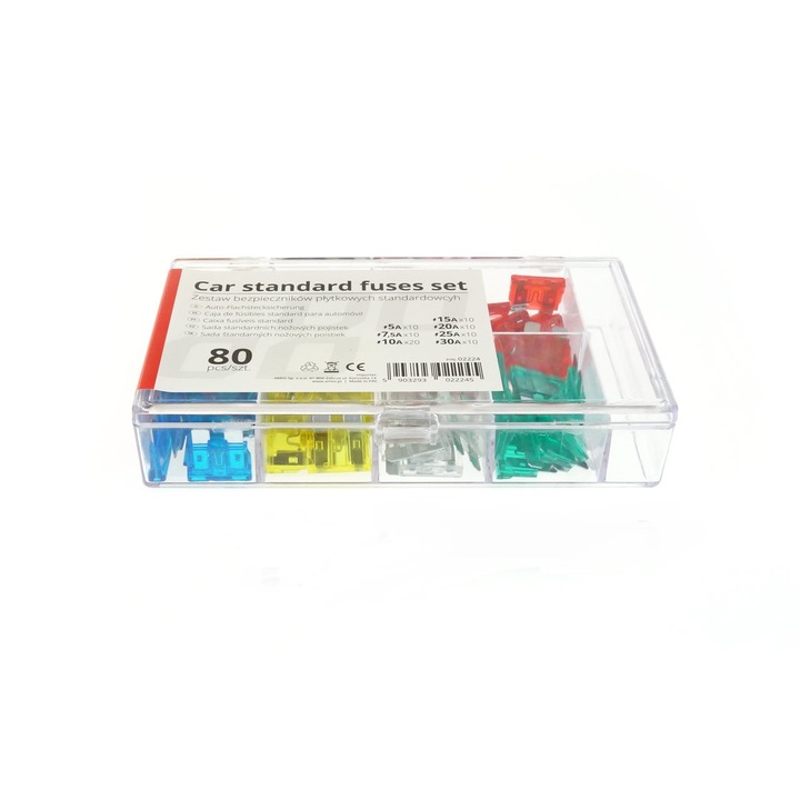Set 80 sigurante auto, 10x5A, 10x7.5A, 20x10A, 10x15A, 10x20A, 10x25A, 10x30A, cleste inclus