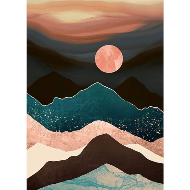 Kit de pictura cu diamante 5D pentru copii si adulti, Apus de soare peste munti 30 x 40 cm
