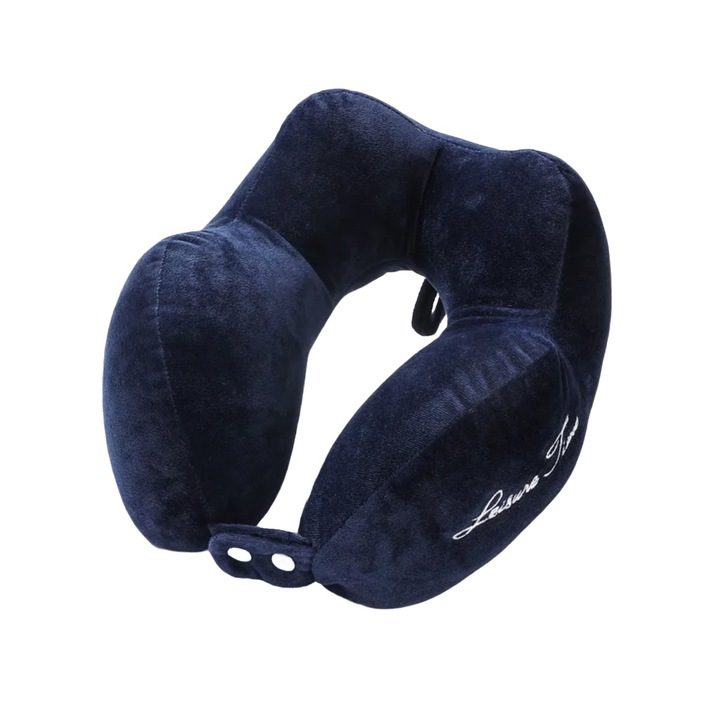 Възглавница за врат EasyTravels, изработена от мемори пяна, за самолет, кола или офис, със система за закопчаване, регулируема, синя