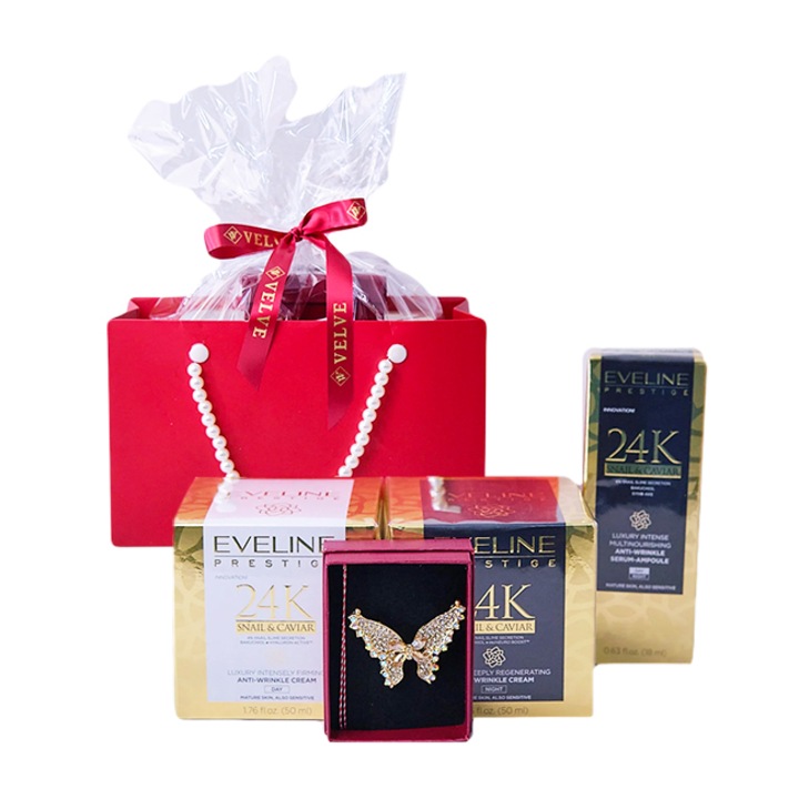 Pachet Tenderness, cu brosa martisor fluture, crema de zi 50 ml si crema de noapte Antirid Eveline Prestige Snail si Caviar 50ml, ser de fata Eveline Prestige Snail&Caviar, in punga eleganta tip poseta, Rosu Gold, VELVE