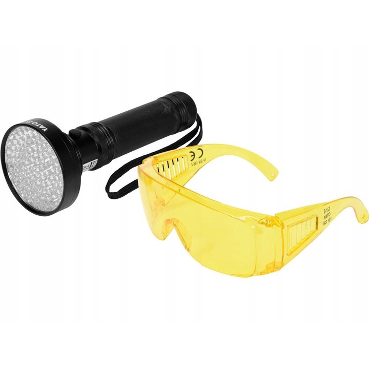 Set lanterna UV si ochelari de protectie YT-08582, Aluminiu, 100 LED-uri, 19.5 x 7.8 cm, Negru/Galben