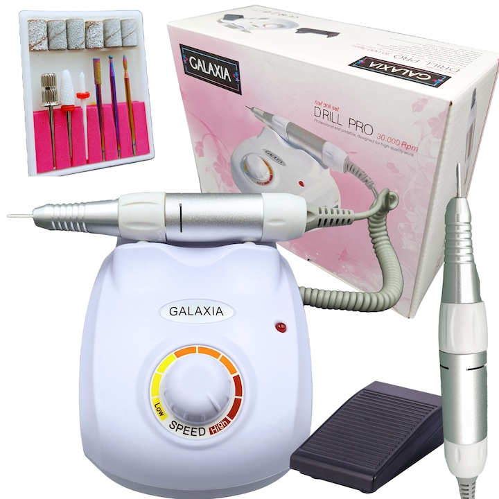 Freza unghii profesionala GALAXIA®, pila electrica pentru manichiura - pedichiura, 45000 RPM, 6 capete de freza, alb