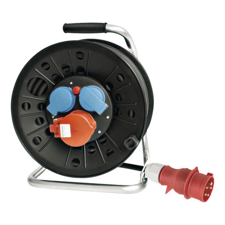 Prelungitor Trifazic Pe Tambur De Plastic 3 Prize (2 Cp + 1 Trifazata) 20m Cablu Cauciuc 5x2, 5 Mm², Pentru Exterior Ip44