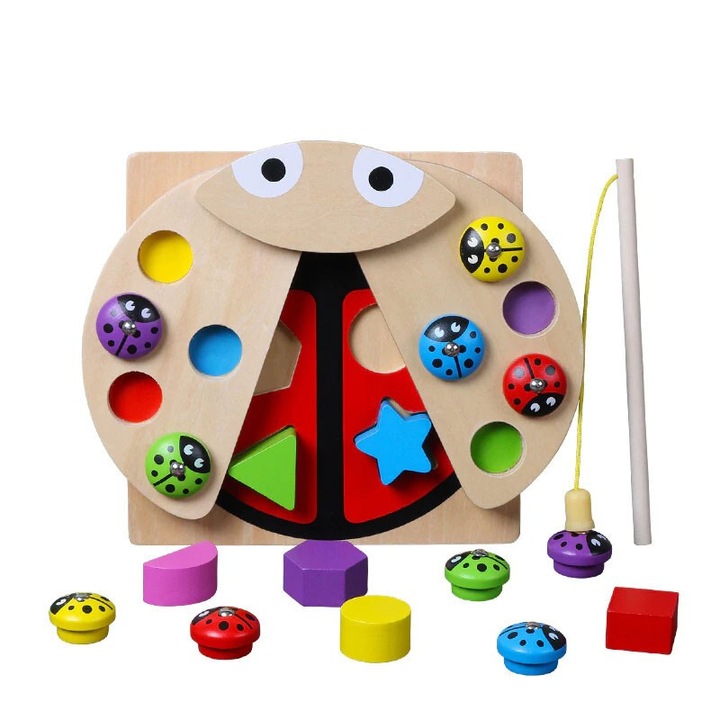 Montessori játék 2 az 1-ben, Mágneses horgászat és válogatás, Boldog katica