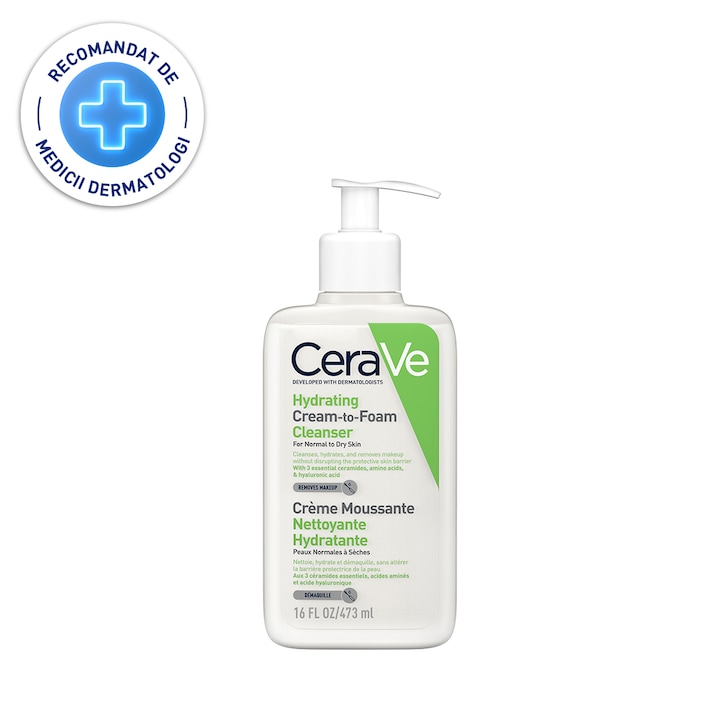 Crema de curatare spumanta si hidratanta CeraVe, pentru fata, cu ceramide si acid hialuronic, ten nomal-uscat , 473 ml