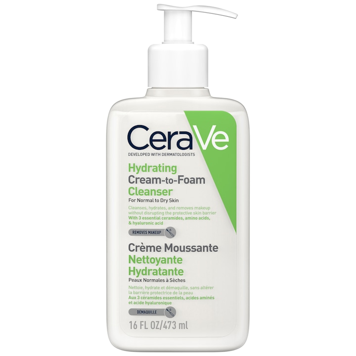 Почистващ крем за лице CeraVe, Пенещ се и хидратиращ, Със серамиди и хиалуронова киселина, Нормална суха кожа, 473 мл