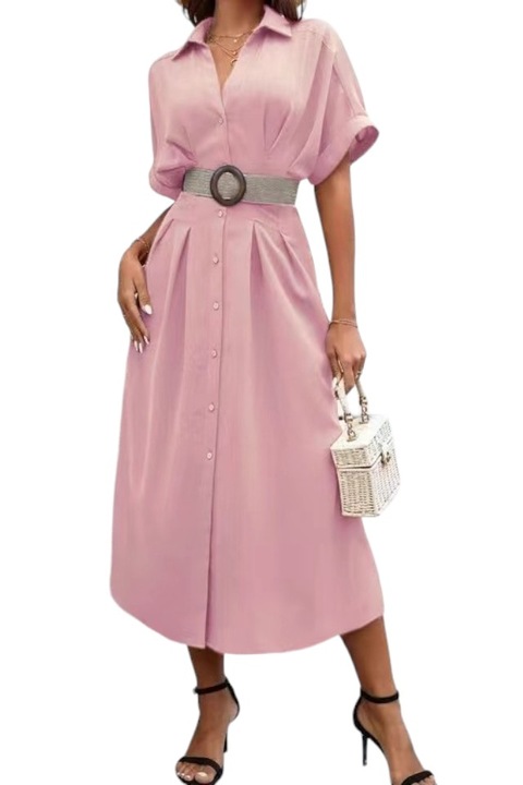Rochie midi casual cu curea, Roz pudrat, S-L