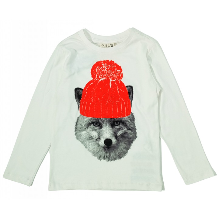Bluza baieti, OVS, imprimeu grafic cu vulpe, Bumbac organic, 3-4 ani 2616, Alb, 104 CM