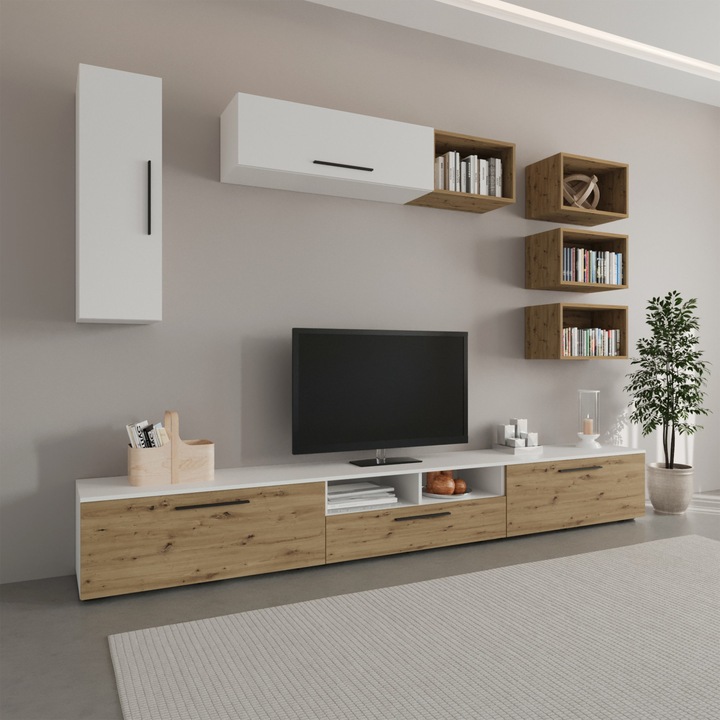 Living haaus Kos V5, Alb/Stejar Artisan, L 285 cm