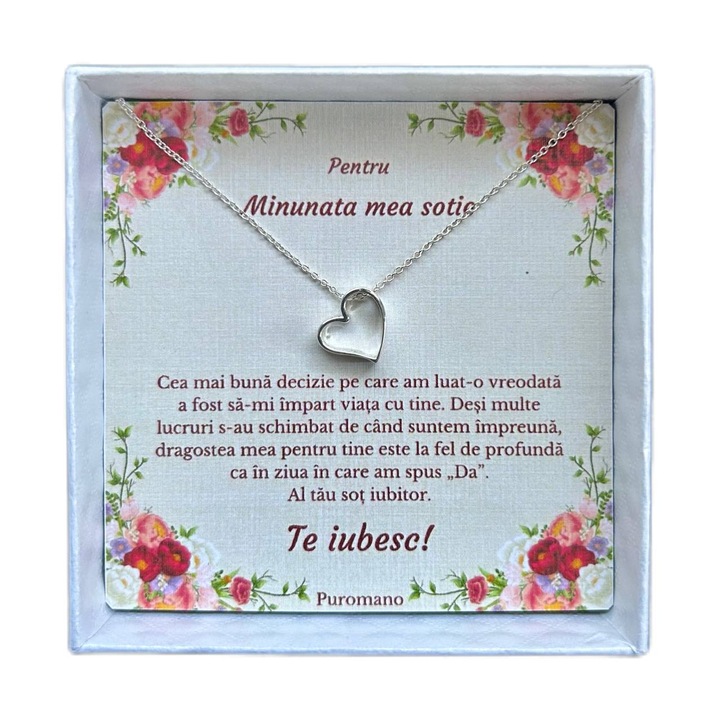 Set Colier, Puromano, din Argint 925, 40 + 5 CM, cutie personalizata si felicitare cu mesaj de la partener