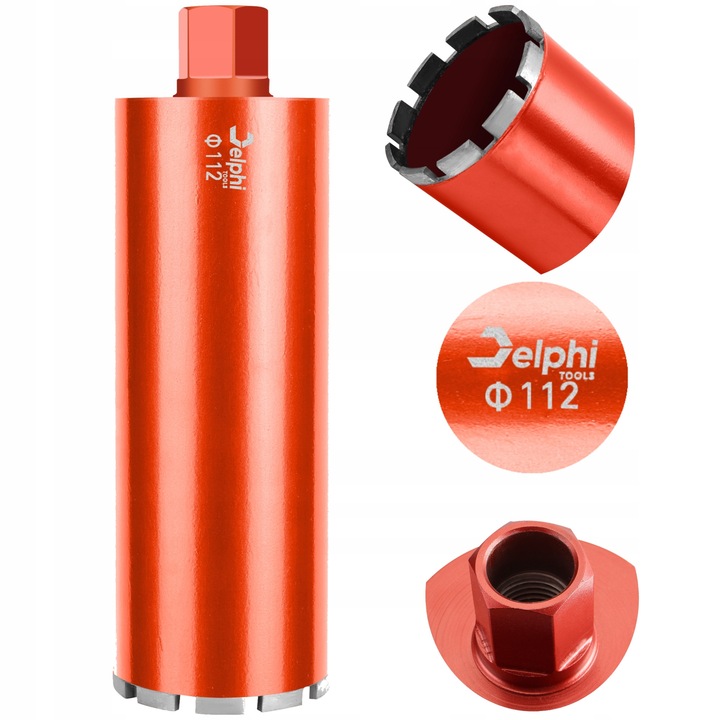 Carota diamantata pentru beton Delphi TOOLS 112 mm x 450 mm 10 segmente filet 1.1/4 UNC otornita profesionala pentru beton armat asfalt si materiale dure