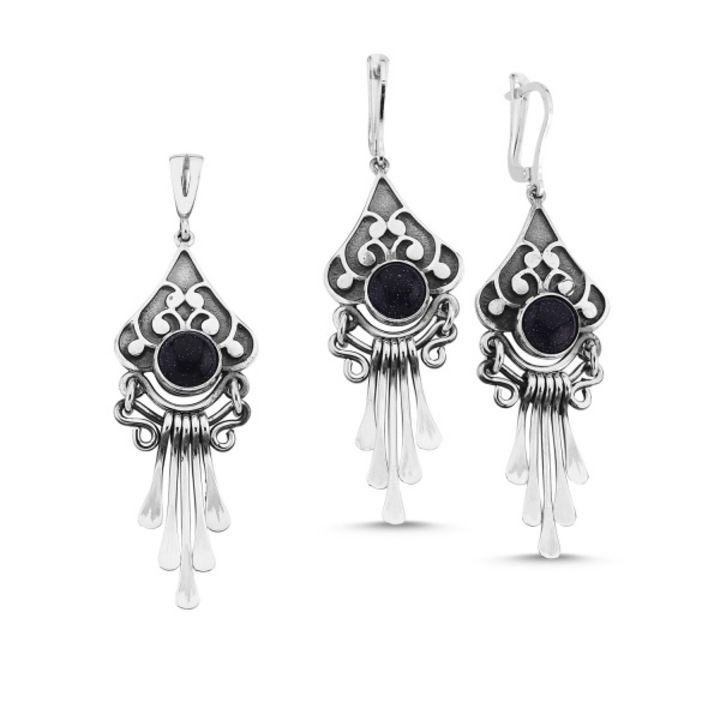 Set argint realizat manual cu Blue Goldstone, BeSpecial, STU0111, Piatra Soarelui