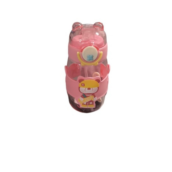 Sticla apa din plastic pentru copii cu pai, Clini 557, Roz