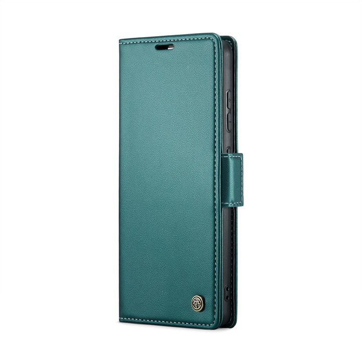 Калъф за Samsung Galaxy S24 Plus, CaseMe, slim кожен, тип портфейл, стойка, магнитно предпазно закопчване, мека текстура и захващане в ръката, RFID защита, Зелено