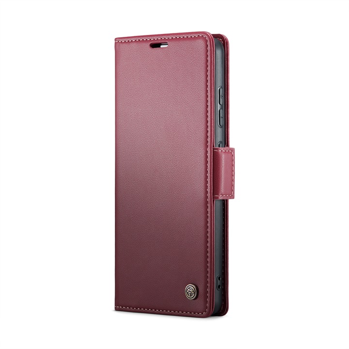Калъф за Samsung Galaxy S24, CaseMe, slim кожен, тип портфейл, стойка, магнитно предпазно закопчване, мека текстура и захващане в ръката, RFID защита, червен