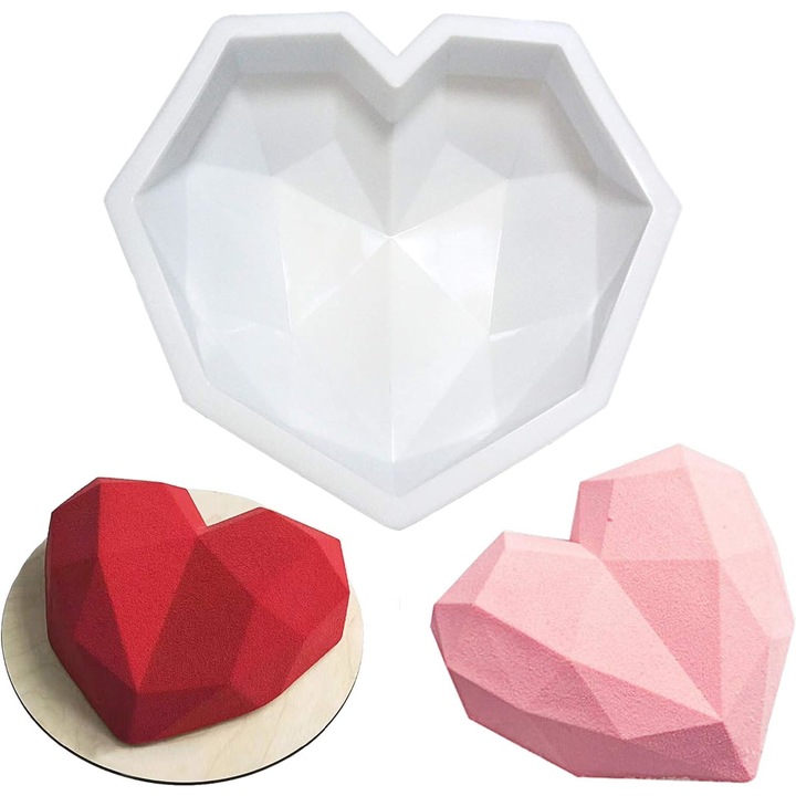 Forma prajituri inima, efect 3D geometric, silicon, alb, 21.5x20.5x6cm