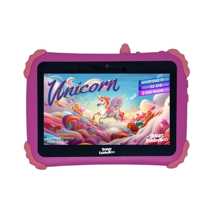 Tableta SMART TabbyBoo Unicorn, 32GB, 2GB RAM, Android 11 cu control parental, Wi-Fi, ecran 7” IPS, jocuri si activitati educative pentru copii, roz
