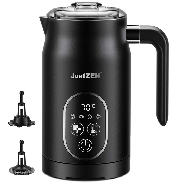 Aparat Pentru Spuma De Lapte 4 in 1 JustZEN® Cream, Spumare Cald si Rece, Ideal Pentru Latte, Ciocolata, Cappuccino, Frappe, Functie de Incalzire Lapte, Mentinere Temperatura, 300ml, Putere 500W