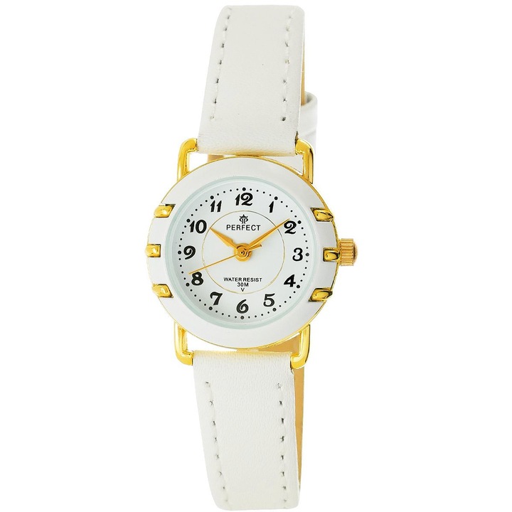 Детски часовник Perfect LP033-03, кварцов механизъм, водоустойчив 3 ATM, бял със златисти детайли, 24x17x8mm