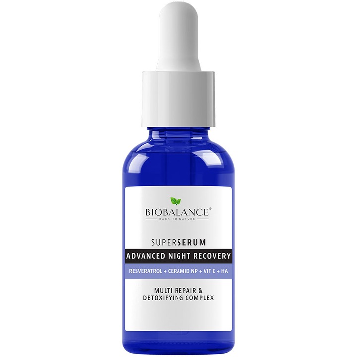 Super Serum pentru noapte intensiv reparator cu Resveratrol + Ceramide + Vitamina C + Acid Hialuronic, antirid si iluminator, Bio Balance, 30 ml