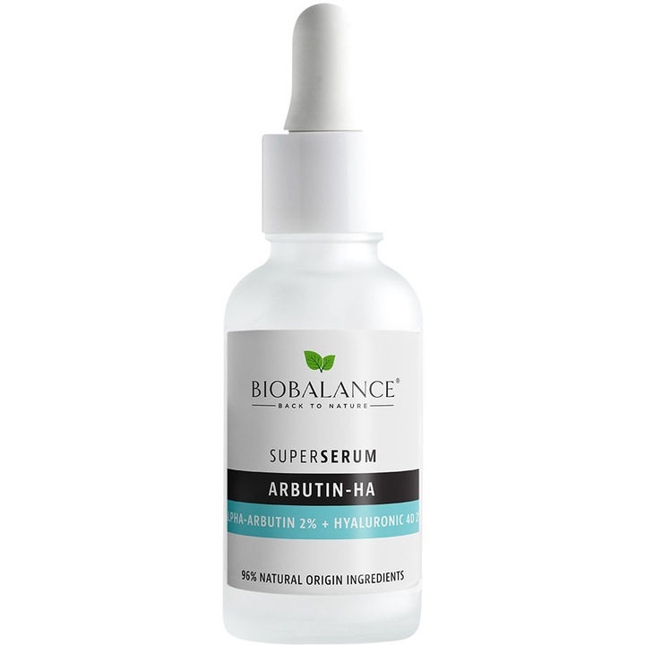 Super Serum Arbutin-HA cu Alpha-Arbutina 2% + Acid Hialuronic 4D 2%, Impotriva Petelor Pigmentare, Bio Balance, 30 ml