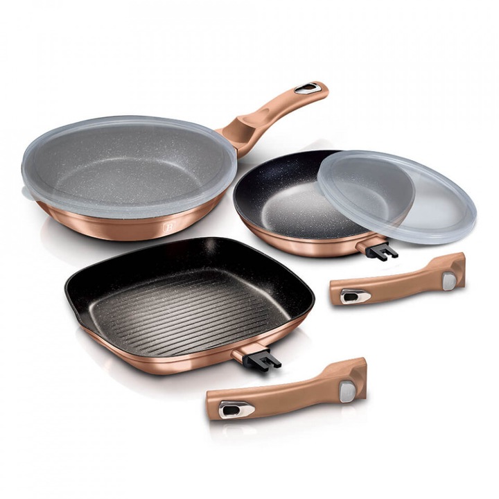 Комплект тигани с подвижна дръжка (5 части) Rose Gold Metallic Line BerlingerHaus BH 7038