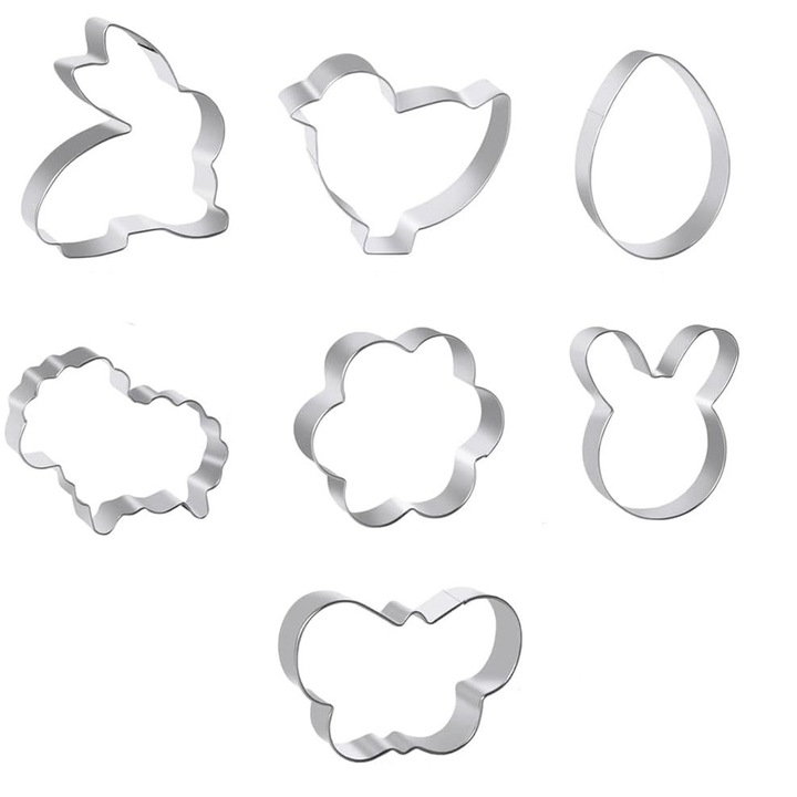 Set 7 forme pentru fursecuri de Paste, Iepuras, Pui, Ou, Floare, Iepure, Fluture, Oaie, Inox, Argintiu