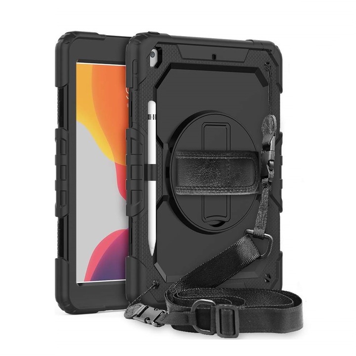Защитно покритие за таблет, съвместимо с Apple iPad 10 2022 10.9", Rotary KickStand, с опора за ръка и регулируема лента, подсилени ръбове, опора за писалка, TPU, черен