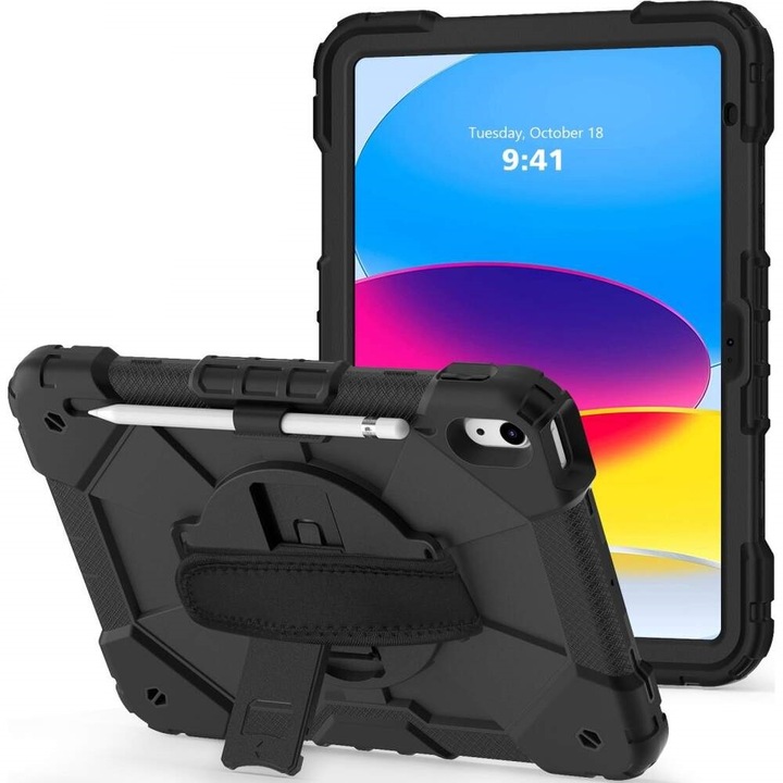 Tablet védőburkolat kompatibilis az Apple iPad 10 2022 10,9" Hybrid Shell készülékkel, kézi támasztékkal és állítható rúddal, megerősített élekkel, tolltartóval, TPU, fekete