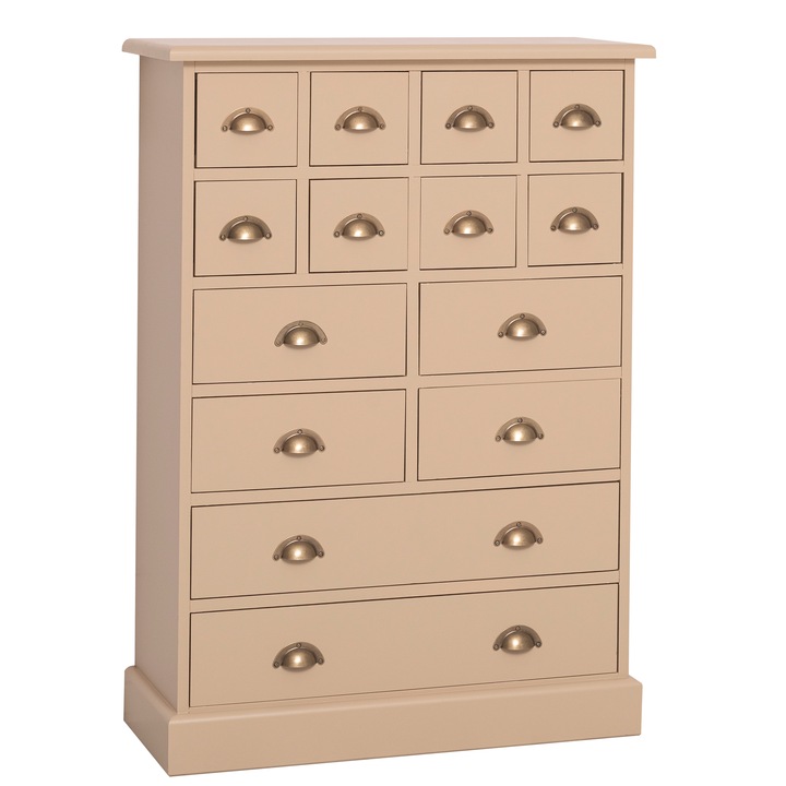 Comoda cu 14 sertare, culoare crem inchis antichizat, P025++P032A, 2 straturi de culori antichizat, 100% lemn masiv