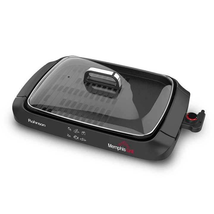 Електрическa скара Rohnson R2527, 2000W, Стъклен капак, Ненагряващи се дръжки, Черен