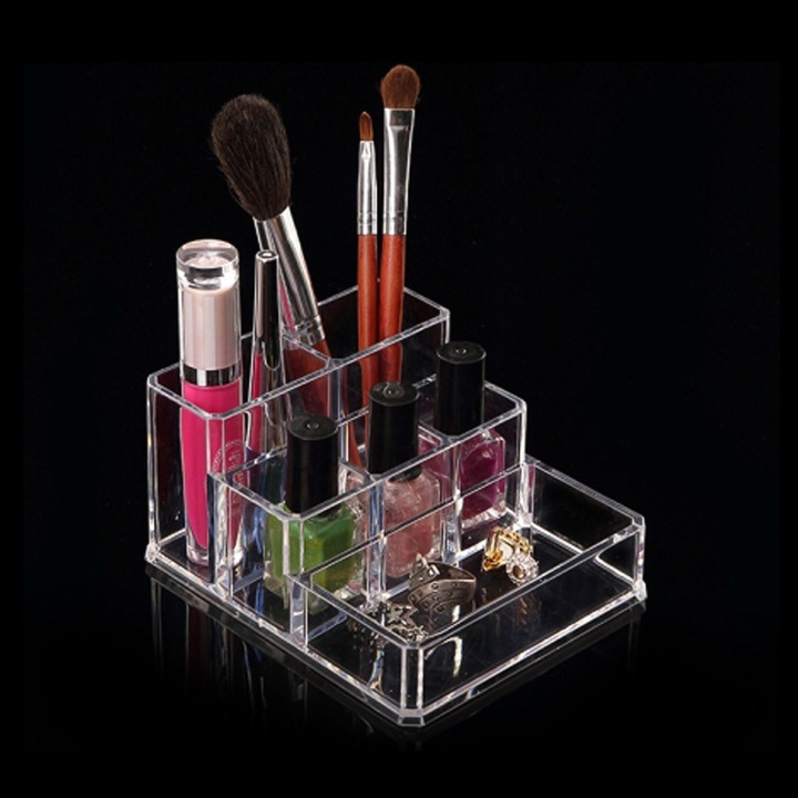 Akril kozmetikai tartó, 6 rekeszes, átlátszó, 10x12x6cm