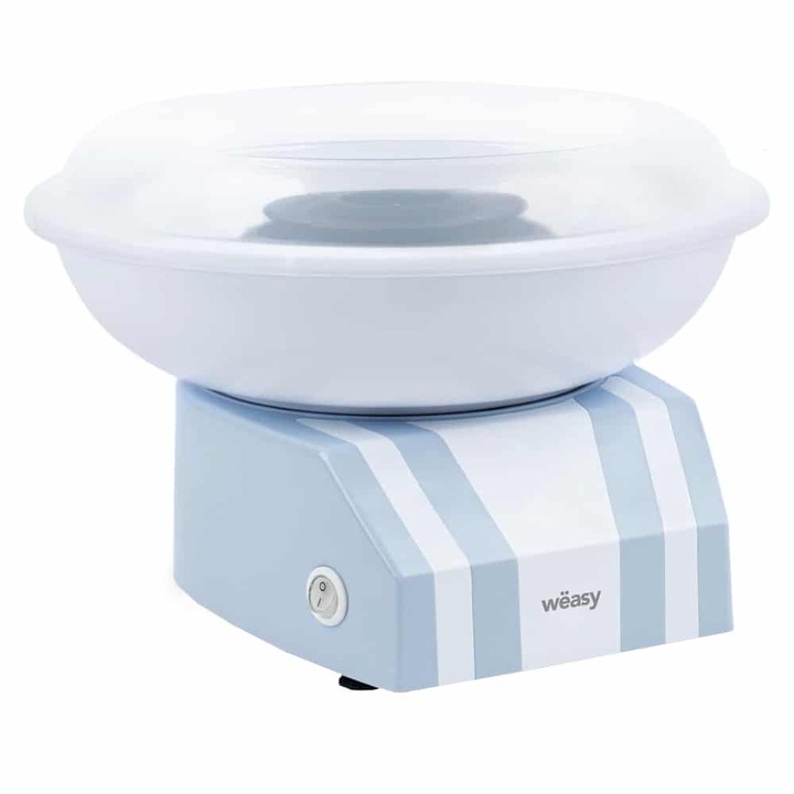 Aparat de facut vata de zahar Weasy, SWEE32, bol 31.5 cm, cupa pentru dozare, usor de folosit, curatare usoara, preparare rapida, picioare antialunecare, capac de protectie, stickere decorative, include 10 paie, bleu