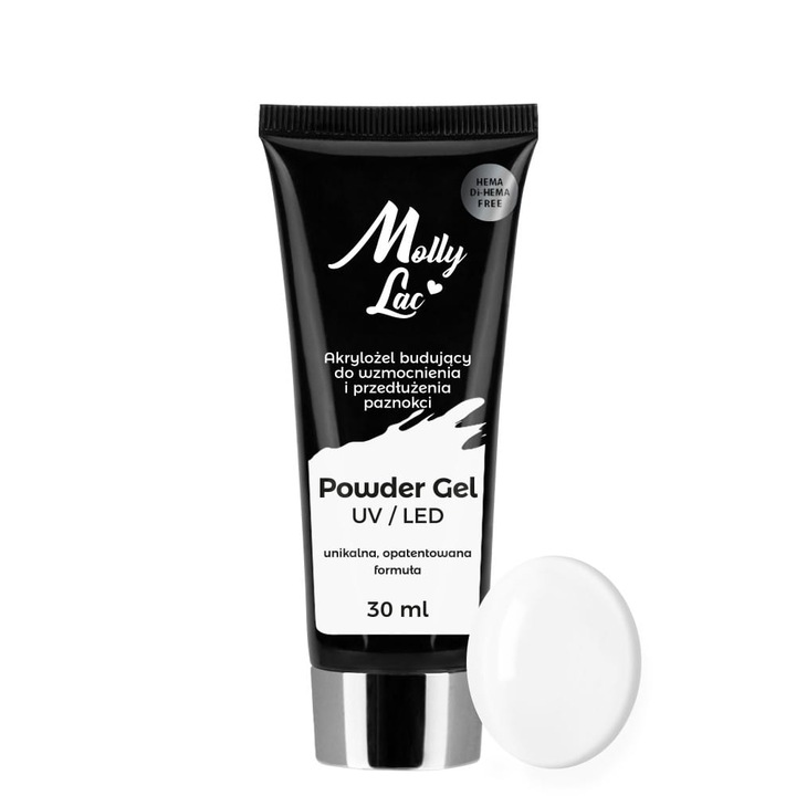Gel de constructie Powder Gel MollyLac HEMA/Di-HEMA Free alb 30ml, consistenta mousse, rezistent, flexibil
