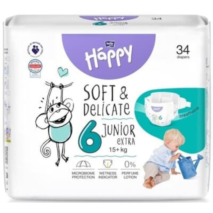 Пелени, Bella Happy Soft & Delicate, размер 6 Junior Extra 15+ kg, 34 части